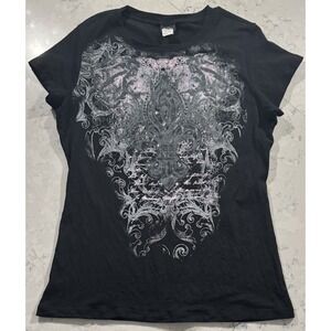VTG Vanity Y2K Graphic T-Shirt Womens 2XL Black Fleur De Lis Foil Gothic Tee